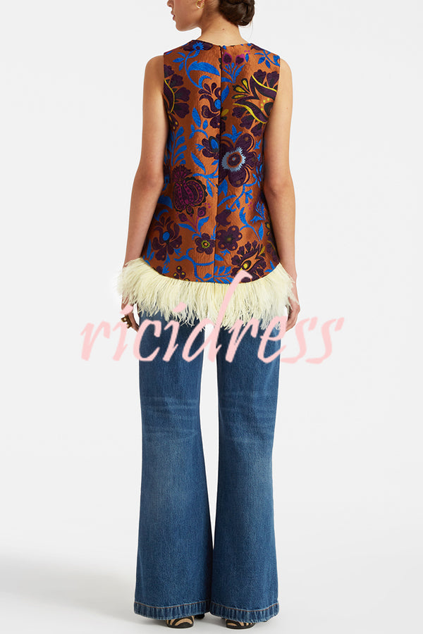Emina Floral Feather Trim Trapezoidal Silhouette Asymmetrical Hem Top