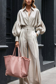 Solid Color Lapel Long-sleeved Loose Shirt and Casual Wide-leg Pants Set