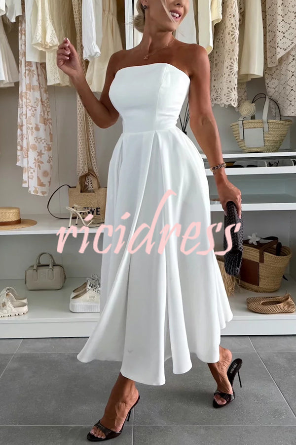 Sweet Cascade Solid Color Off Shoulder Pocket Full Hem Midi Dress