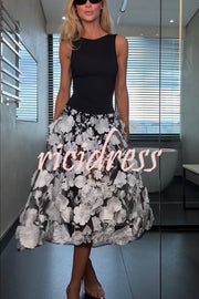 Nalie Knit and 3D Embroidery Floral Lace Hem Back Zipper Midi Dress