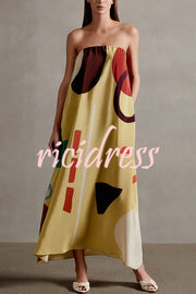 Miss Me Satin Unique Printed Off Shoulder Pocketed Loose Maxi Dress