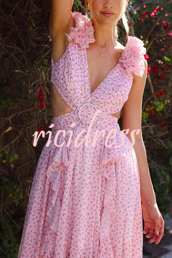 Wedding Dreams Chiffon Printed Flutter Sleeve Cutout Back Lace-up Maxi Dress