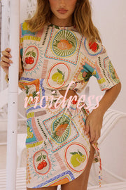 Summer Fruit Print Short Sleeve Off-Waist Tie Mini Dress