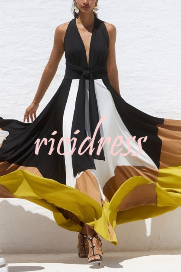 Fashion Colorblock Sexy Backless Tie Waist Full Hem Maxi Dress