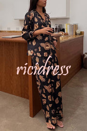 Golden Night Unique Print Color-block Trim Loose Shirt and Elastic Waist Pocketed Pajama Set