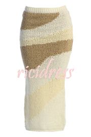 Soft Autumn Knit Colorblock High Rise Elastic Waistband Stretch Midi Skirt