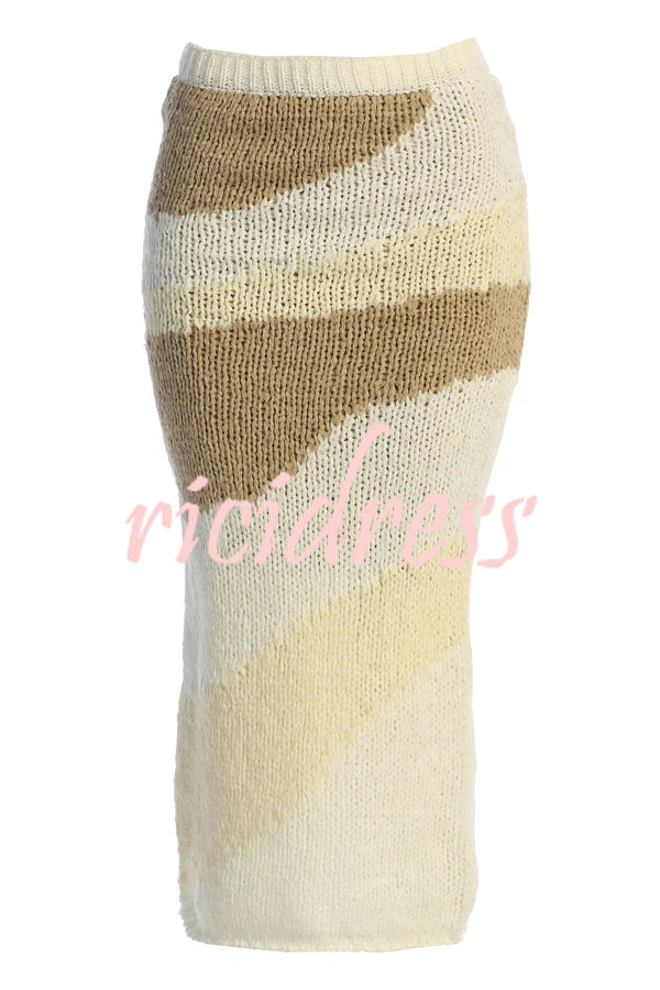 Soft Autumn Knit Colorblock High Rise Elastic Waistband Stretch Midi Skirt