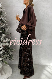 Chic and Merry Satin Bow Neck Batwing Sleeve Loose-fitting Blouse