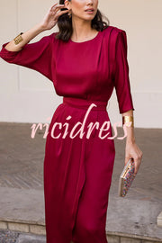 Satin Solid Color Round Neck Half Sleeve Waist Midi Dress