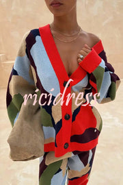 Bright and Bold Knit Abstract Color Blocks Button Long Sleeve Loose Cardigan