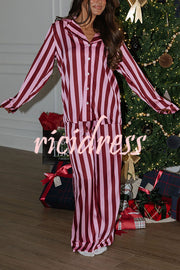 Courtney Satin Colorblock Striped Loose Shirt and Elastic Waist Pocketed Pajama Set