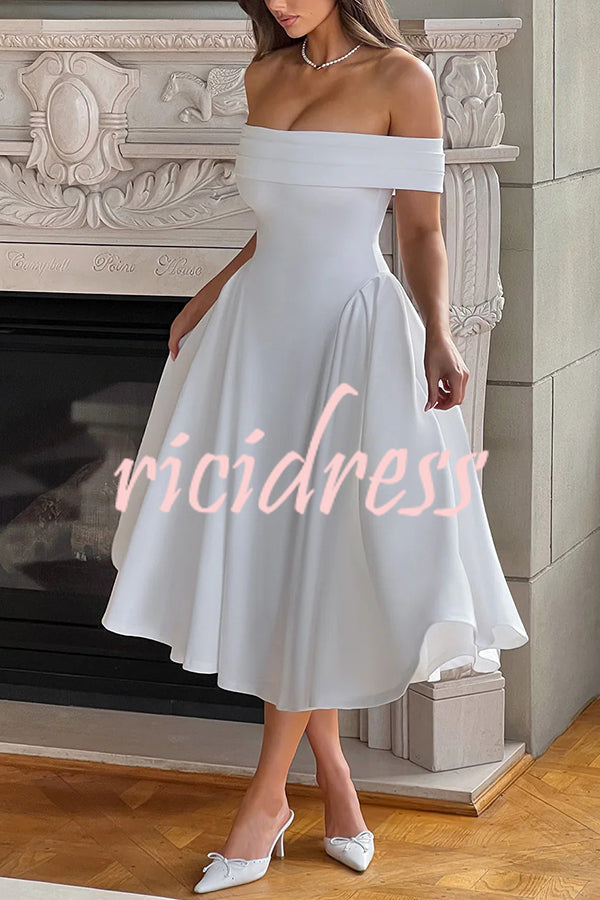 Princess Temperament Batdot Neck Pleat Detail Midi Dress