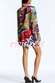 Elouise Satin Color Block Art Print Long Sleeve Button Back Elastic Waist H-line Mini Dress