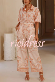 Linen Blend Lapel Puff Sleeve Loose Shirt and Casual Pocket Straight Pants Set