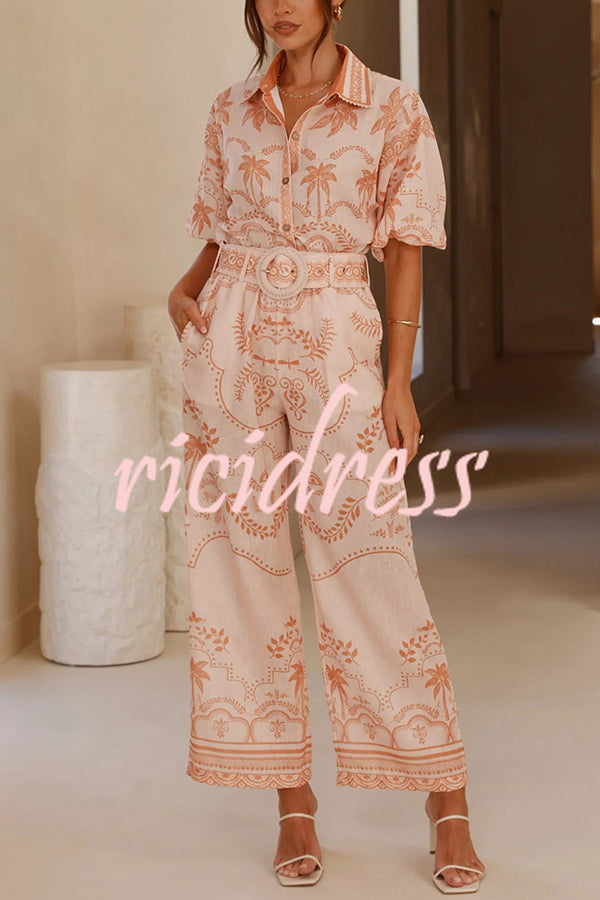 Linen Blend Lapel Puff Sleeve Loose Shirt and Casual Pocket Straight Pants Set