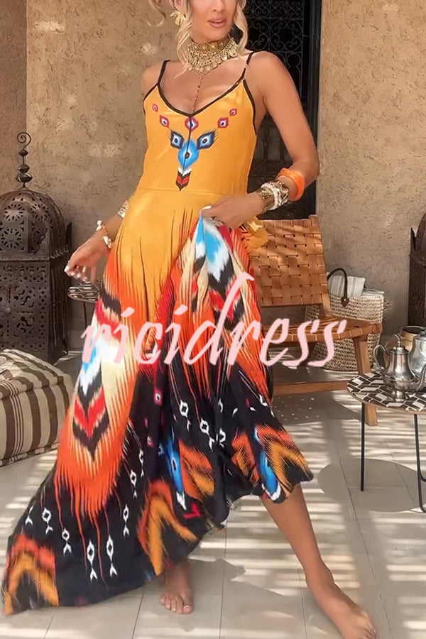 Unique Printed Suspender V-neck Loose Maxi Dress