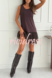 Breezy City Tulle Lace Tiered Hem Stretch Tank Mini Dress