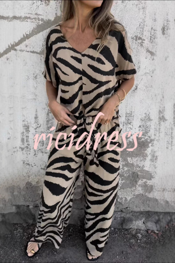 Zebra Print V-neck Short-sleeved Lace-up Top and Elastic Waist Pocket Straight-leg Pants Set