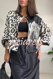 Shiloh Leopard Unique Print Zipper Drawstring Hem Bomber Jacket