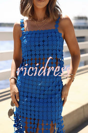 Caitlin See Through Circle Embroidery Square Neck Tassle Hem Slip Tank