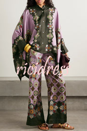 Satin Unique Print Loose Batwing Sleeve Top and Elastic Waist Pocket Casual Wide-leg Pants Set