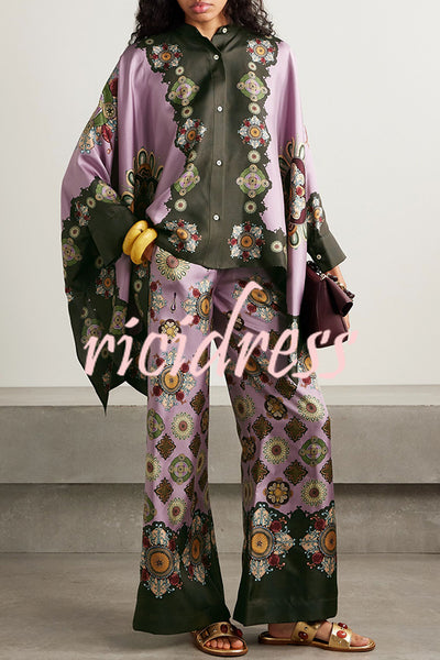 Satin Unique Print Loose Batwing Sleeve Top and Elastic Waist Pocket Casual Wide-leg Pants Set