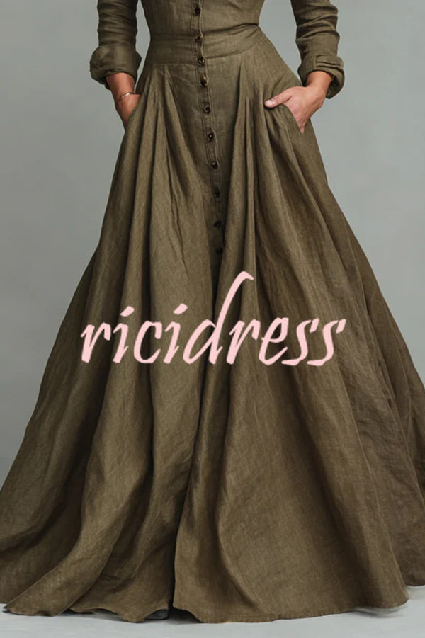 Linen Blend Lapel Pocket Single-breasted Shirt-style Casual Maxi Dress