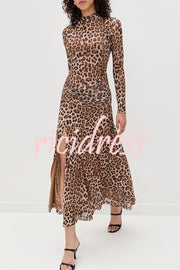 Revina Mesh Leopard Print Mock Neck Gathered Waist Long Sleeve Stretch Midi Dress