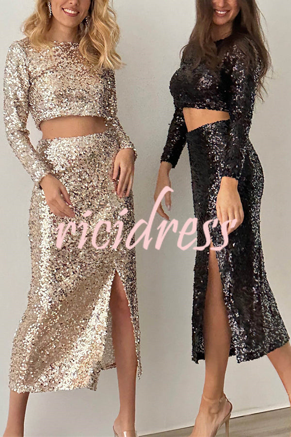 Solid Sequined Long-sleeved Crop Top and Sexy Slit Midi Skirt Set