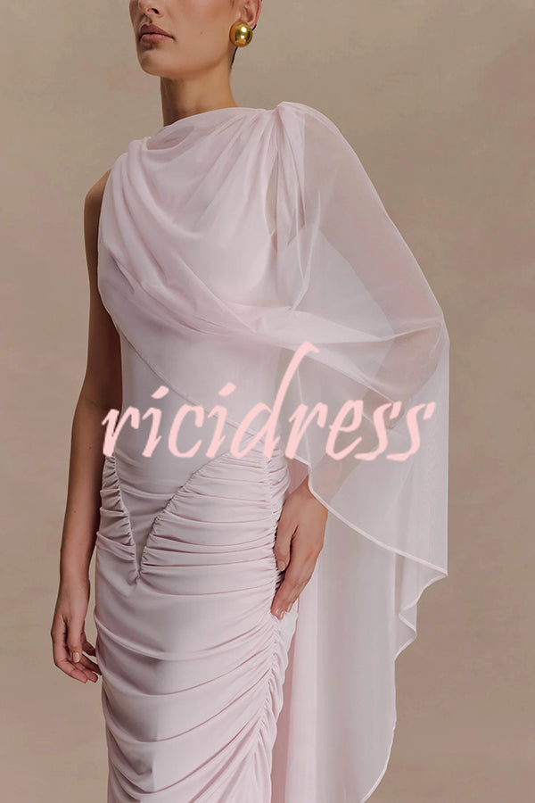 Fashionable Mesh Shawl Sleeveless Slim Fit Pleated Maxi Dress