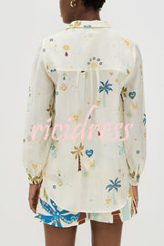 Linen Blend Resort Coconut Palm Print Long Sleeve Lapel Shirt and Elastic Waist Casual Pocket Shorts Set