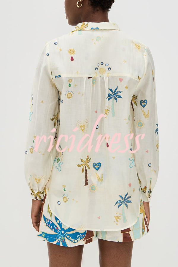 Linen Blend Resort Coconut Palm Print Long Sleeve Lapel Shirt and Elastic Waist Casual Pocket Shorts Set
