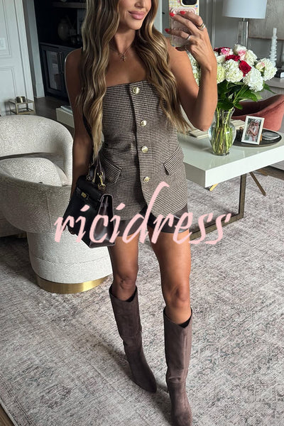 Workplace Vitality Houndstooth Off Shoulder Button Vest Top