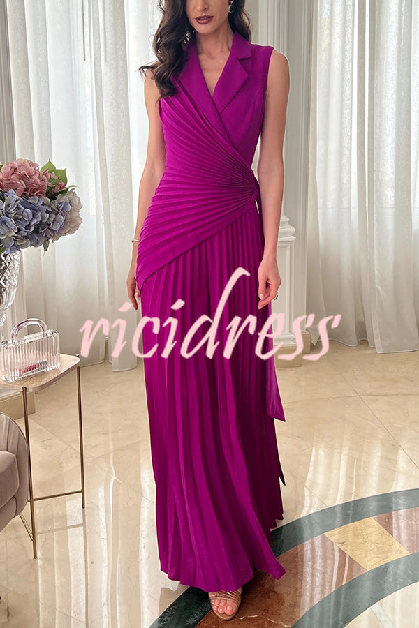 Solid Color Lapel Sleeveless Waist Tie Pleated Wide-leg Jumpsuit