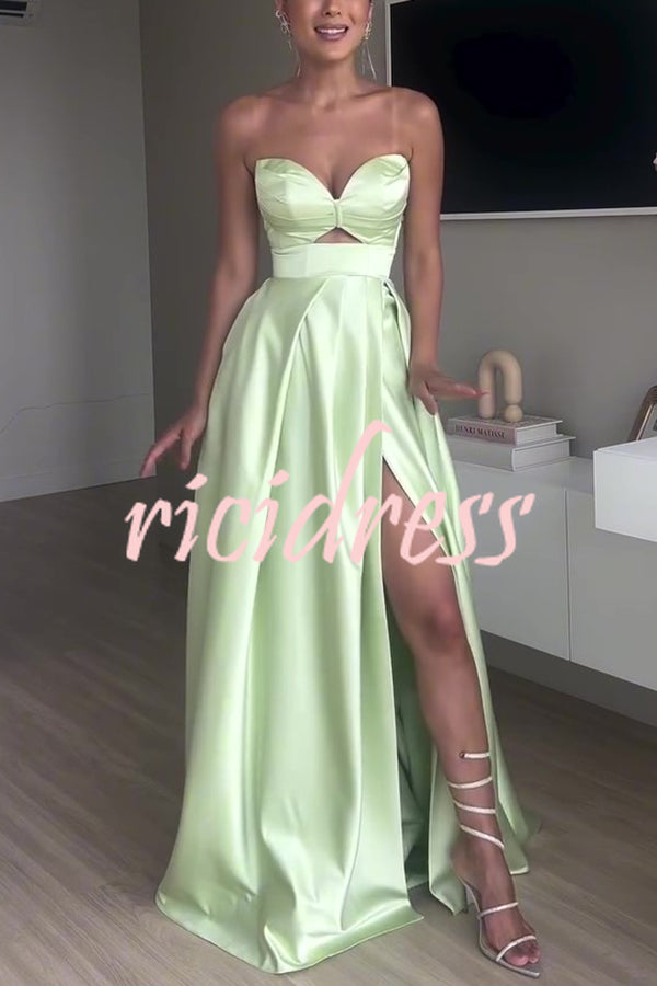 Chic Queen Satin Hollow Strapless Slim High Slit Party Maxi Dress