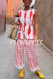 Good Luck Linen Blend Koi Pattern High Rise Elastic Waist Loose Pants