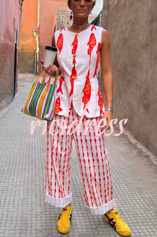 Good Luck Linen Blend Koi Pattern High Rise Elastic Waist Loose Pants