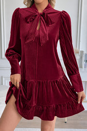 Vintage Velvet Bow Tie Neck Long Sleeve Loose Mini Dress