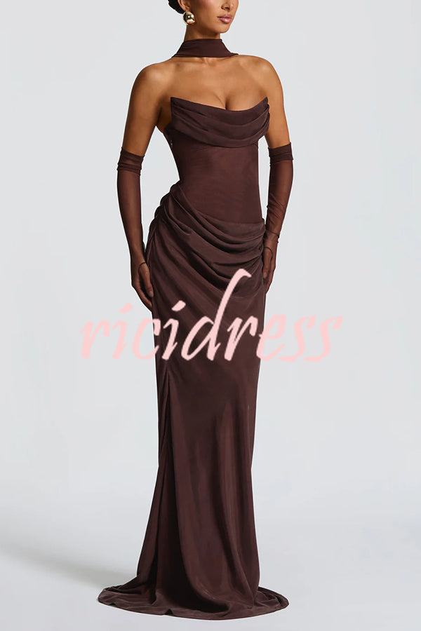 Liora Ruched Cowl Neck Sheer Mesh Waist Off Shoulder Scarf Maxi Dress