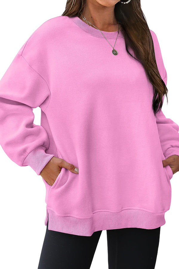 Solid Color Round Neck Pocket Loose Warm Long Sleeve Sweatshirt