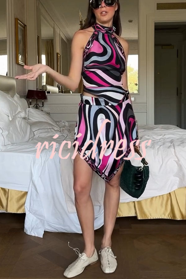 Naughty Lady Satin Unique Print Halter Tie-up Tank and Irregular Hem Mini Skirt Set
