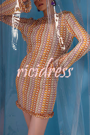 Ruffled Backless Long-sleeved Wavy Striped Beach Resort Mini Dress