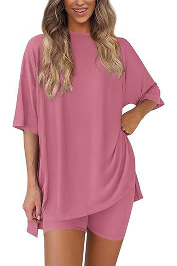 Solid Color Loose Short-sleeved Top and Stretch Casual Shorts Set