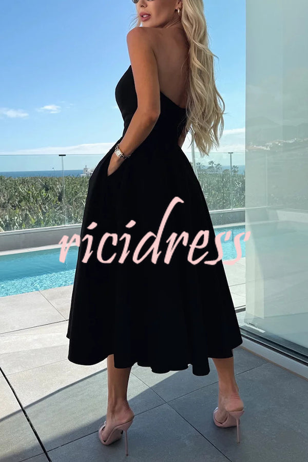 Sweet Cascade Solid Color Off Shoulder Pocket Full Hem Midi Dress