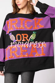 Halloween Letter Sequined Color Block Loose Casual Sweatshirt