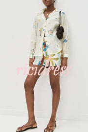 Linen Blend Resort Coconut Palm Print Long Sleeve Lapel Shirt and Elastic Waist Casual Pocket Shorts Set