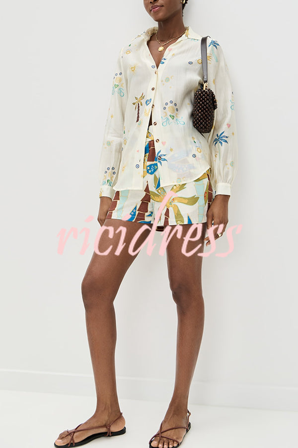 Linen Blend Resort Coconut Palm Print Long Sleeve Lapel Shirt and Elastic Waist Casual Pocket Shorts Set