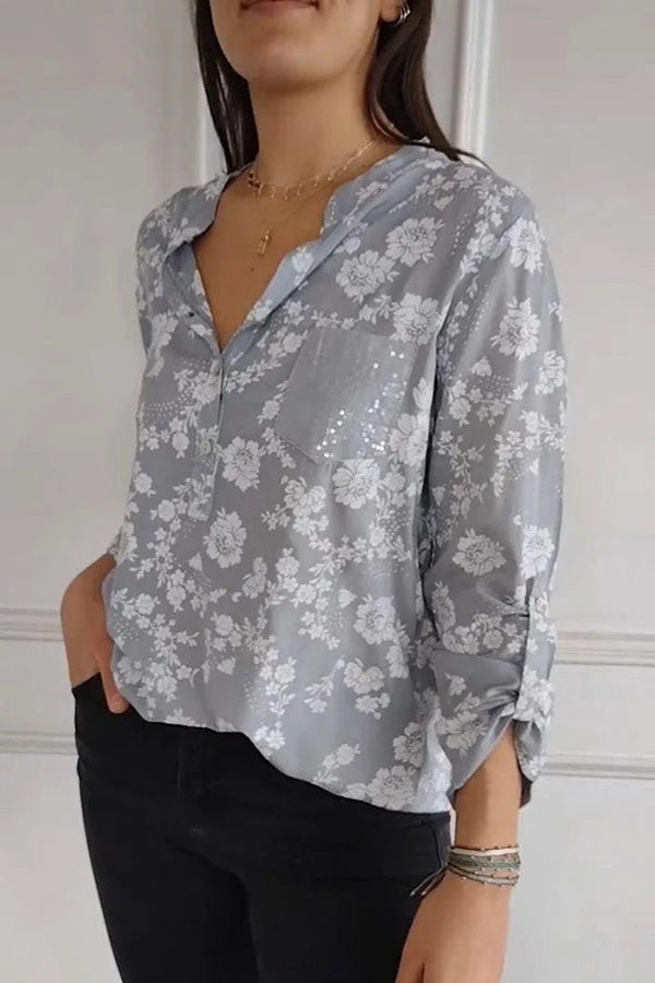 Floral Print V-neck Buttoned Sequin Pocket Casual Shirt