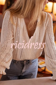 Elegant Openwork V-neck Long-sleeved Casual Shirt