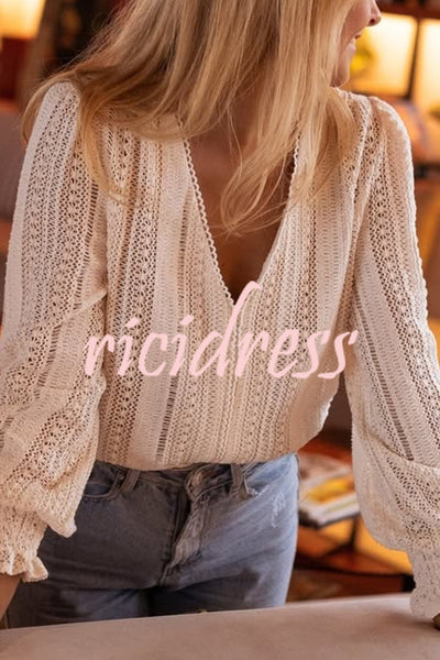 Elegant Openwork V-neck Long-sleeved Casual Shirt